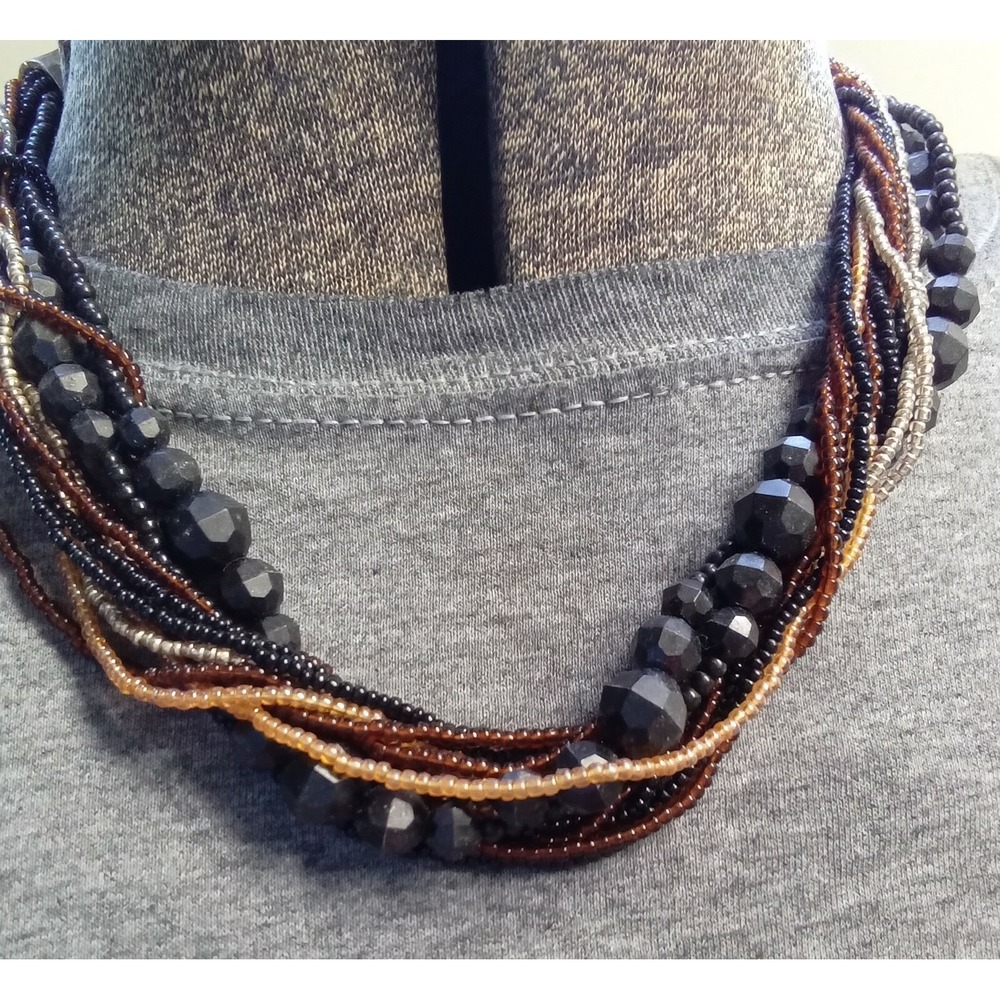 Multi Strand Seed Bead‎ Statement Necklace Black Bronze Gold Silver Tone Boho - Picture 2 of 3